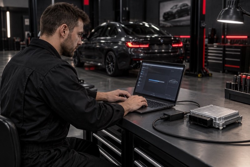 Technician coding a vehicle module at a laptop