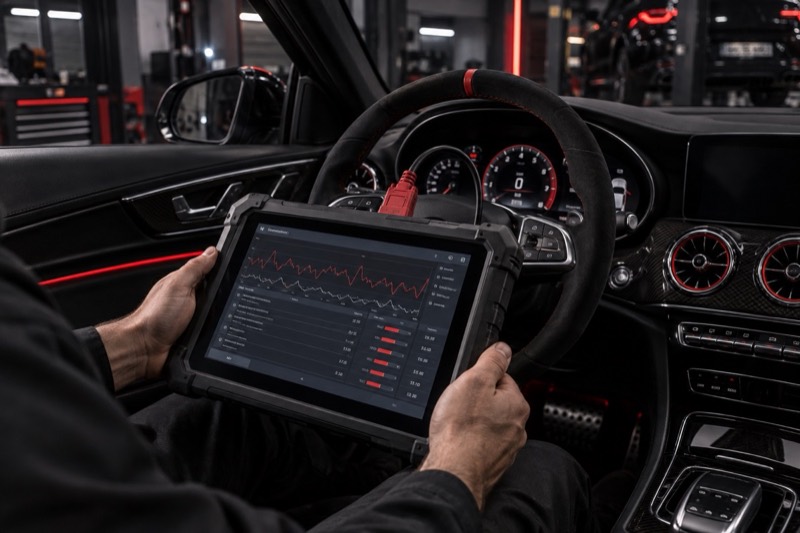 Diagnostic tablet connected inside a car