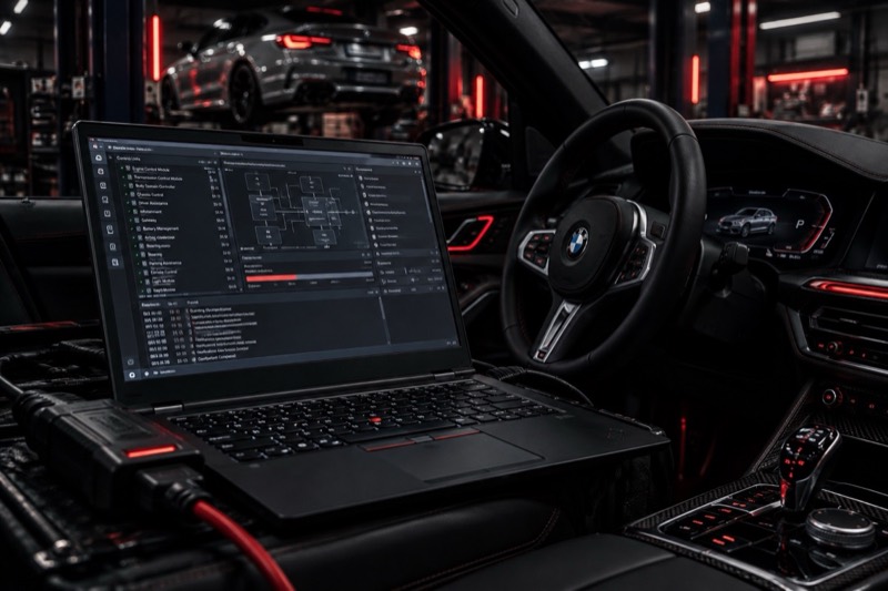 Laptop running vehicle software in a BMW interior