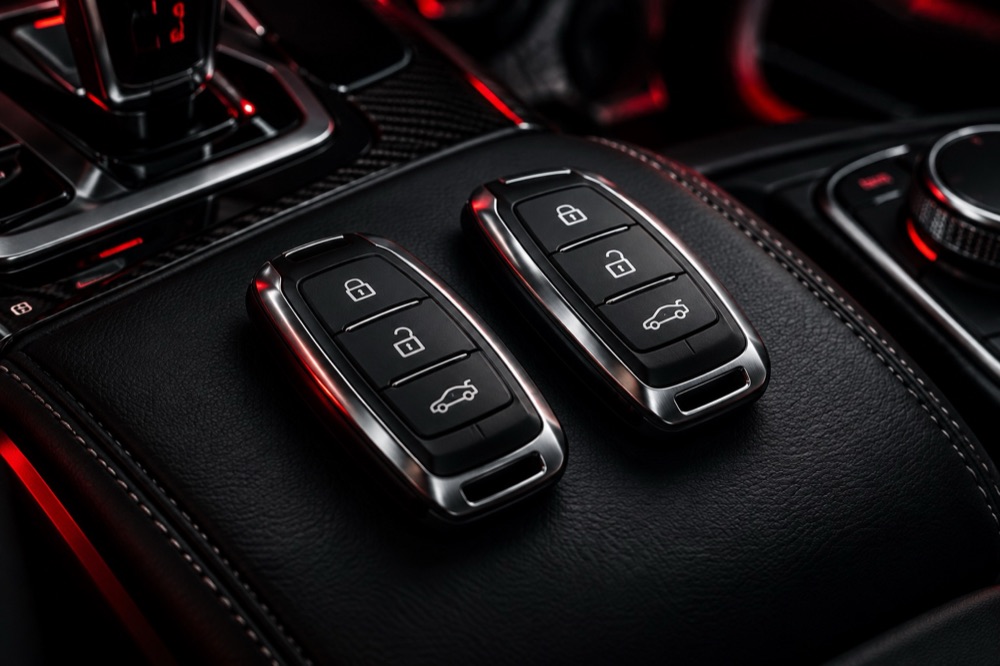 Two smart key fobs resting on a leather center console